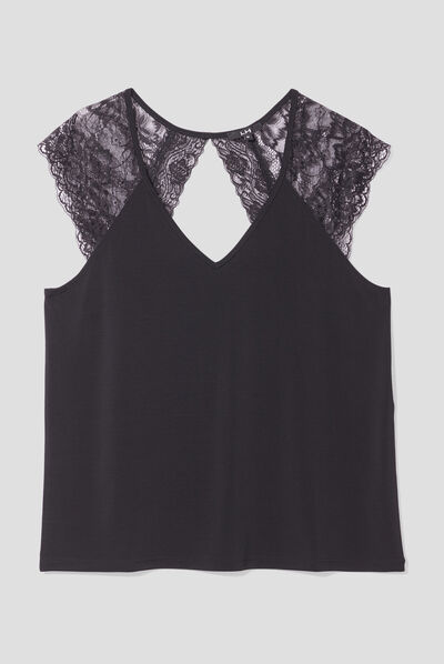 T-shirt col en V dos dentelle noir femme