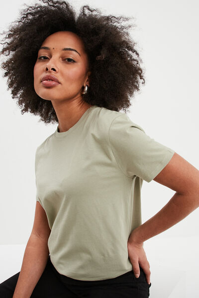 T-shirt col rond manches courtes coton vert kaki femme
