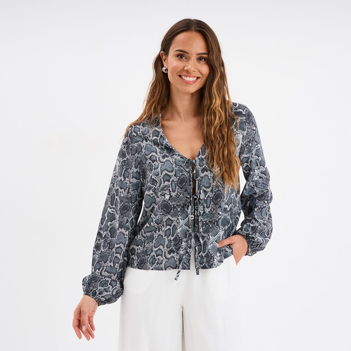 Blouse avec noeuds gris femme