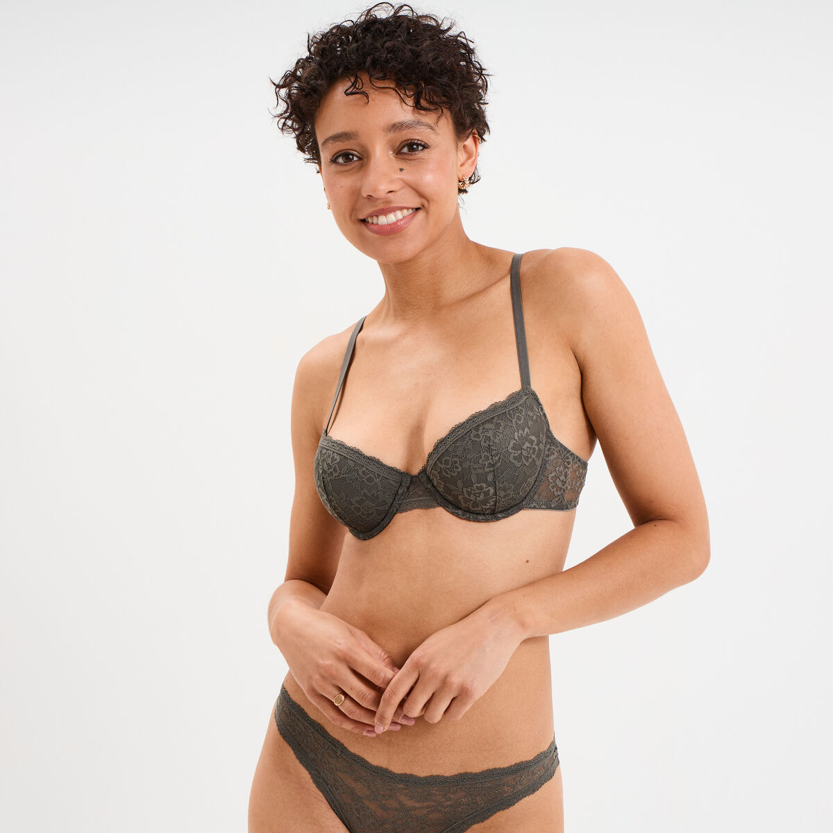 Soutien-gorge corbeille paddé dentelle vert kaki femme
