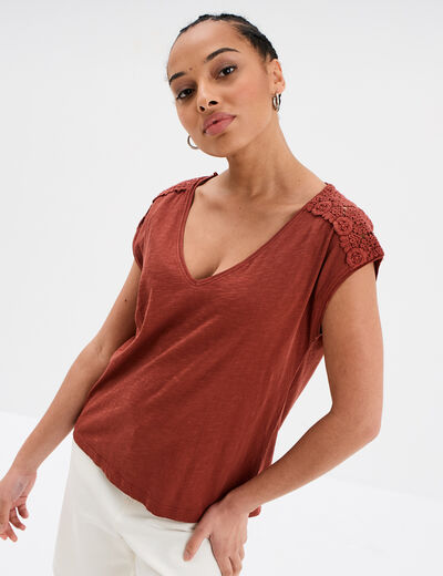 T-shirt épaules dentelle coton marron cognac femme