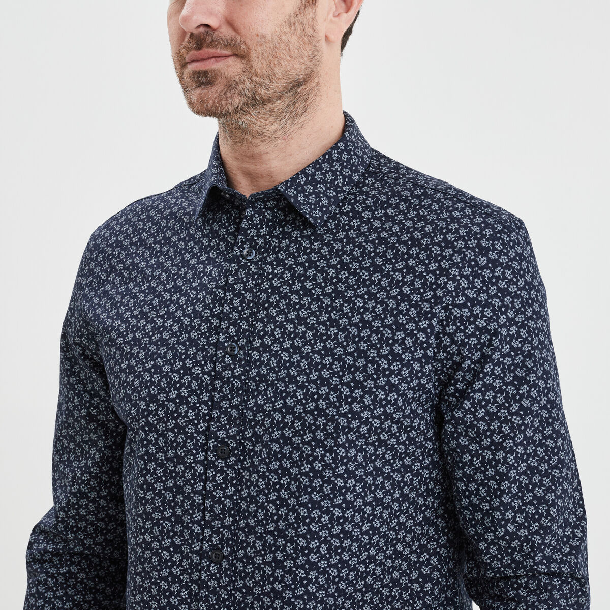 Chemise droite imprim&eacute;e manches longues bleu marine homme
