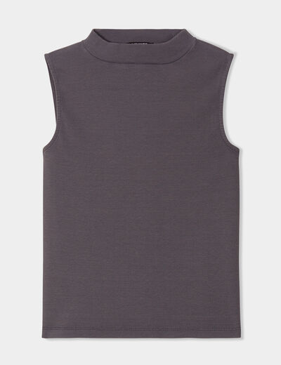 T-shirt côtelé col montant sans manches bleu gris femme