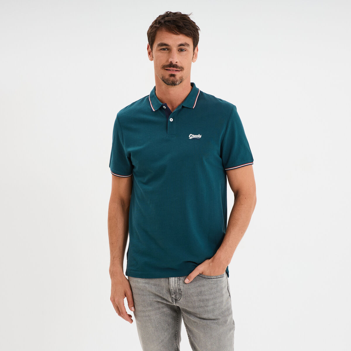 Polo avec broderie poitrine coton Creeks bleu canard homme