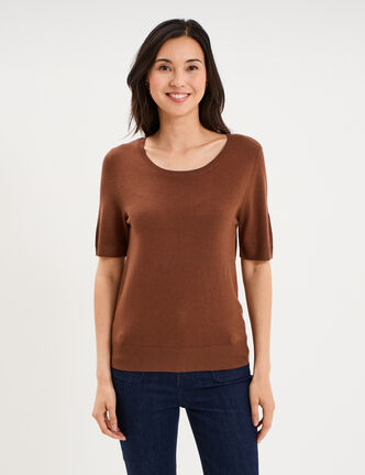 Pull manches courtes col rond marron fonc&eacute; femme