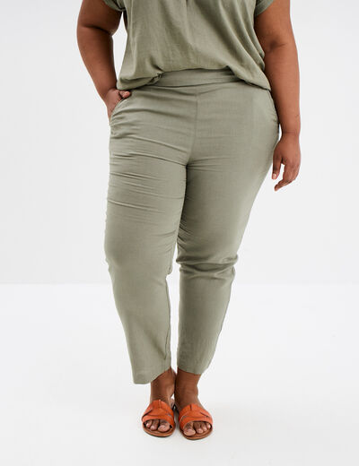 Pantalon chino droit en mélange de lin vert kaki femme grande taille