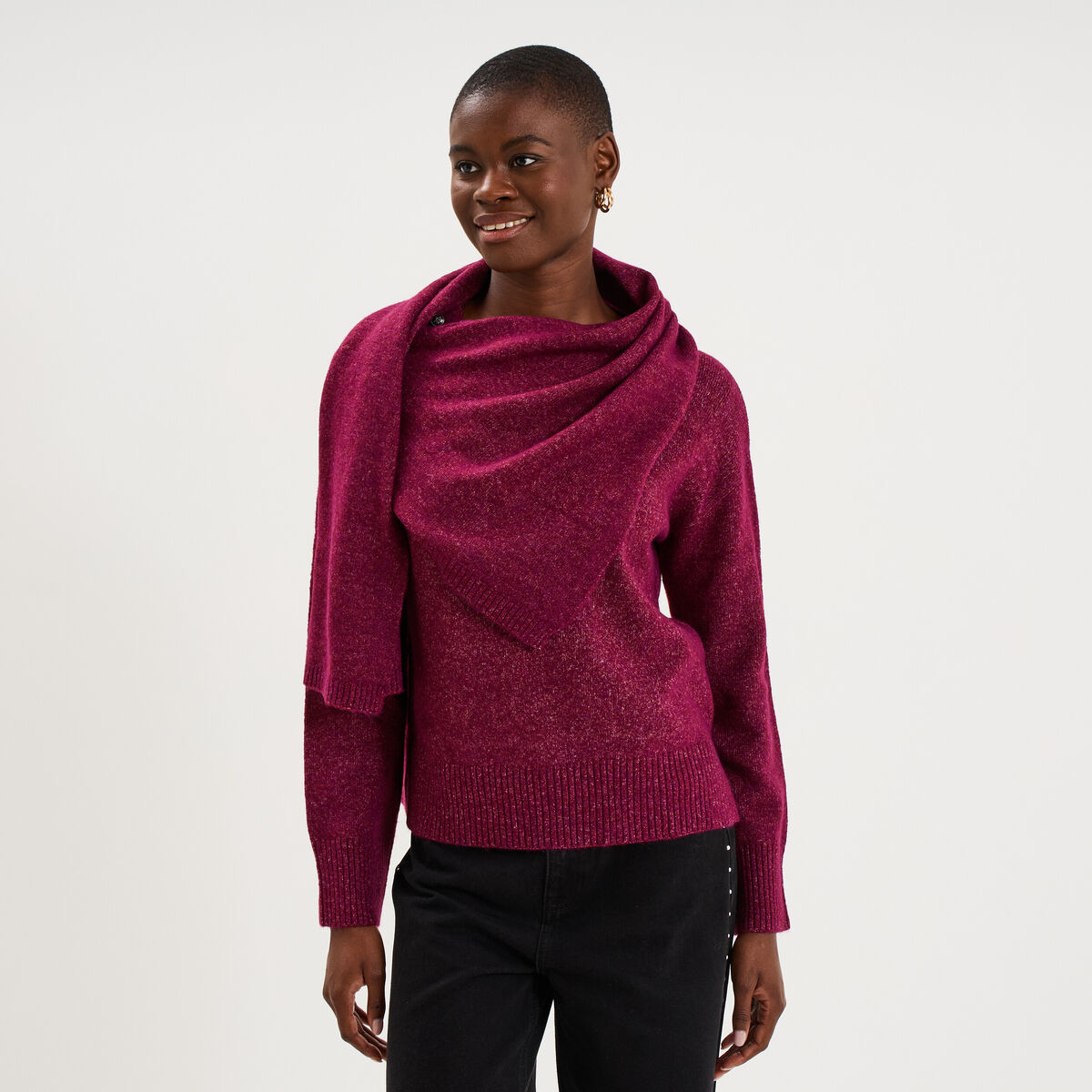 Pull col rond &eacute;charpe amovible rouge fonc&eacute; femme