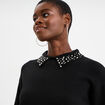 Pull col chemise strass et perles noir femme