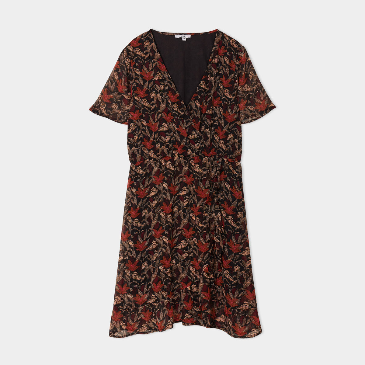 Robe col cache-coeur manches papillons camel femme