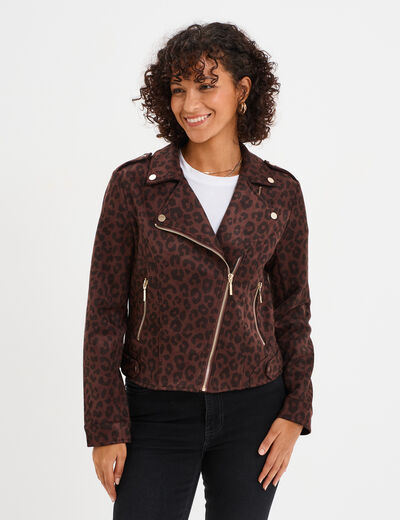 Veste courte esprit biker effet suédine marron foncé femme