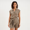 Combishort ceintur&eacute;e lin m&eacute;lang&eacute; vert kaki femme