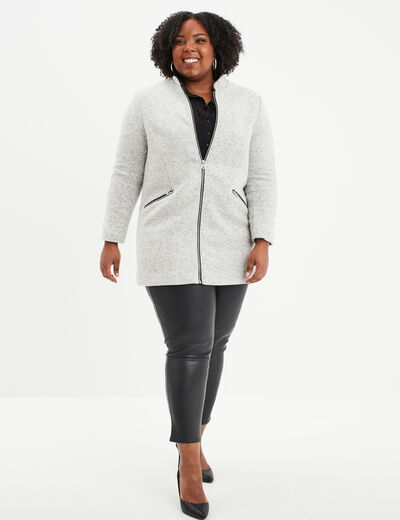 Manteau mi-long droit zippé col mao gris clair femme grande taille
