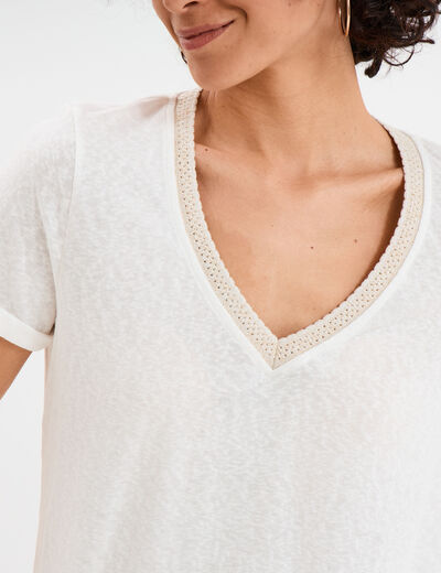 T-shirt col en V manches courtes blanc femme
