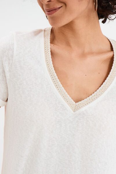 T-shirt col en V manches courtes blanc femme