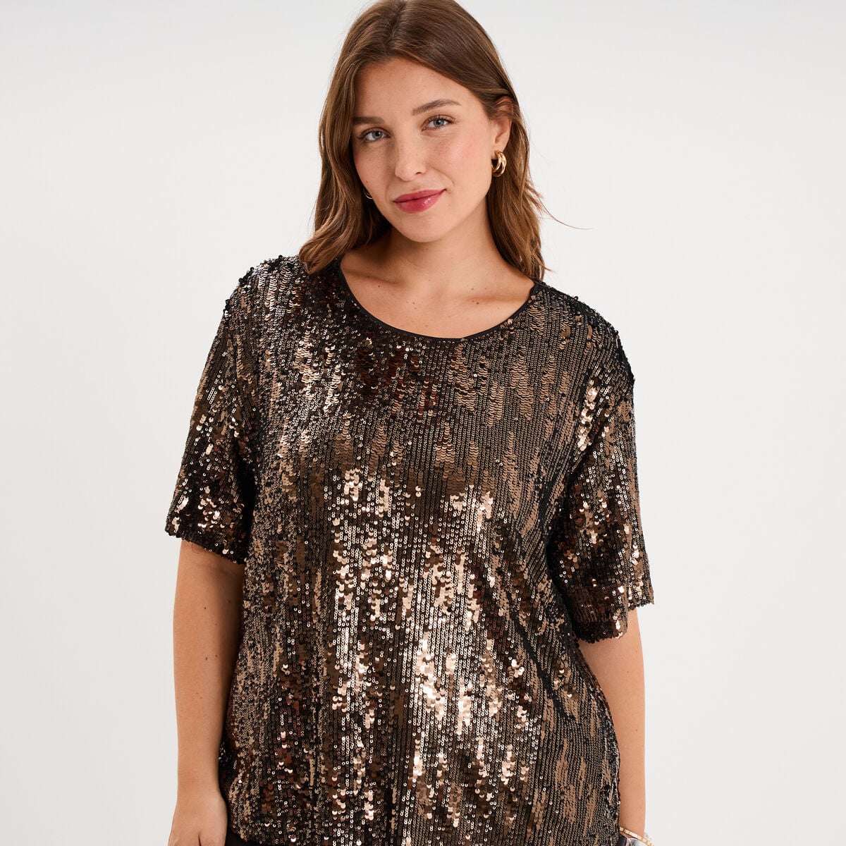 T-shirt sequins manches courtes loose couleur cuivre femme grande taille