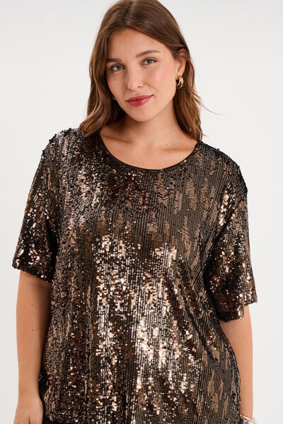 T-shirt sequins manches courtes loose couleur cuivre femme grande taille