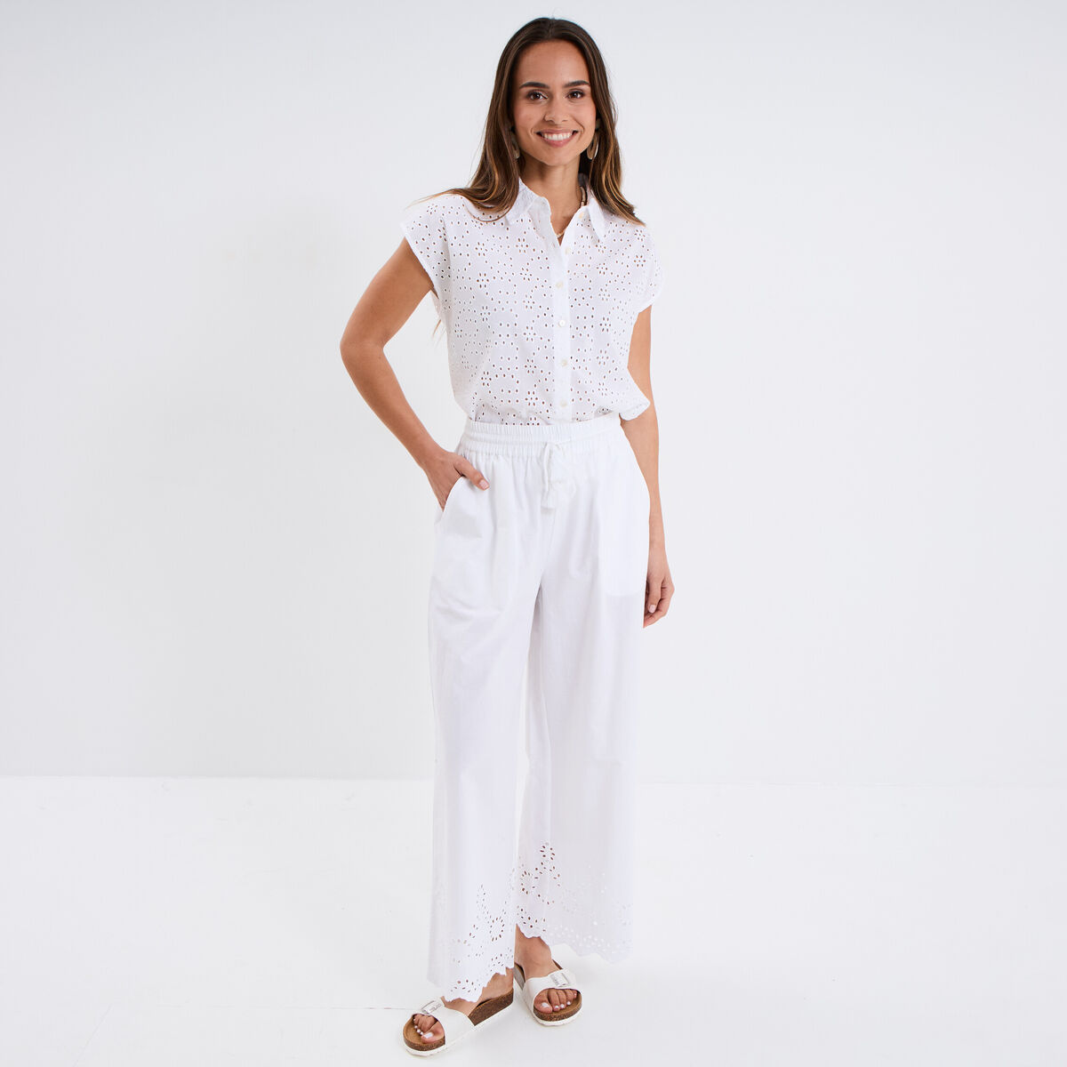 Chemise broderie anglaise sans manches blanc femme