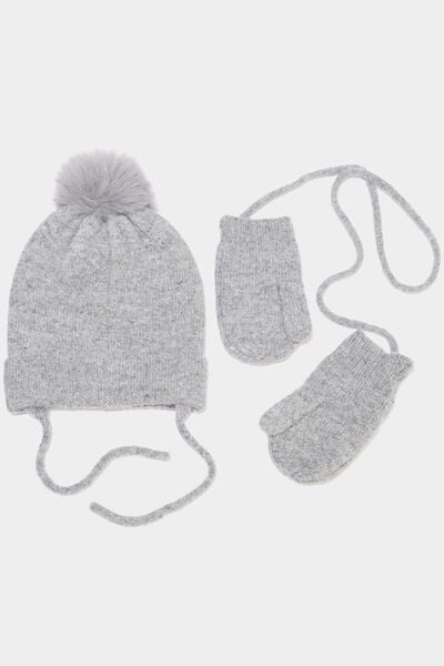 Ensemble bonnet et moufles gris b&eacute;b&eacute;