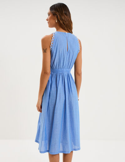Robe broderie anglaise mi-longue coton bleu clair femme