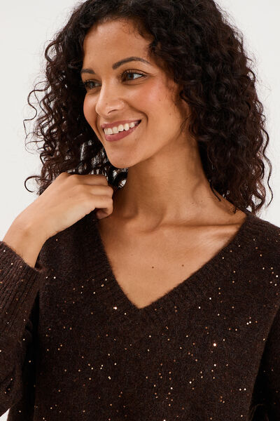Pull droit &agrave; sequins et col en V marron fonc&eacute; femme
