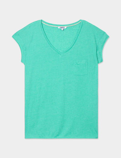 T-shirt col v poche poitrine Creeks vert menthe femme