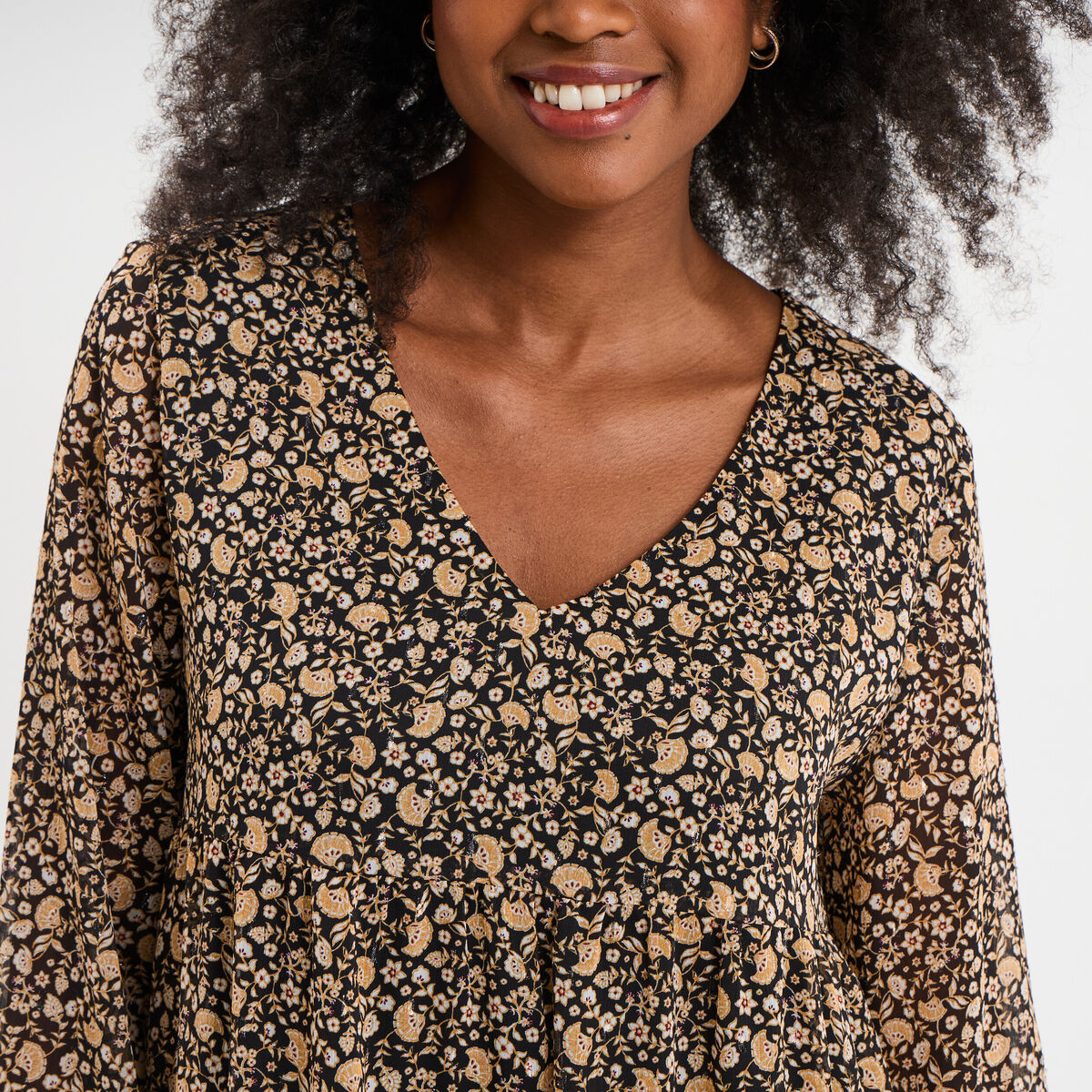 Robe évasée col en V et volants noir femme