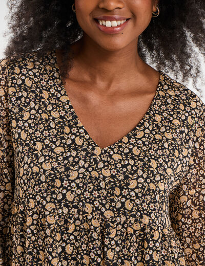 Robe évasée col en V et volants noir femme