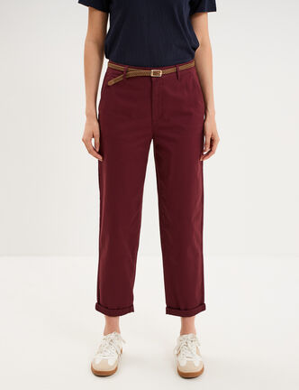 Pantalon chino regular ceinture tress&eacute;e violet fonc&eacute; femme