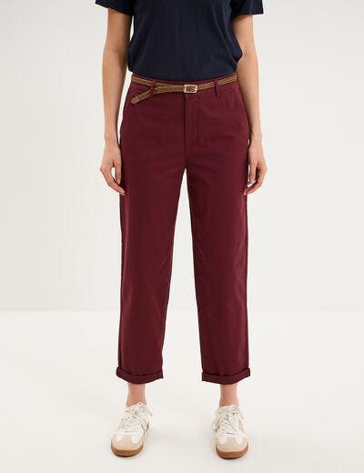 Pantalon chino regular ceinture tress&eacute;e violet fonc&eacute; femme