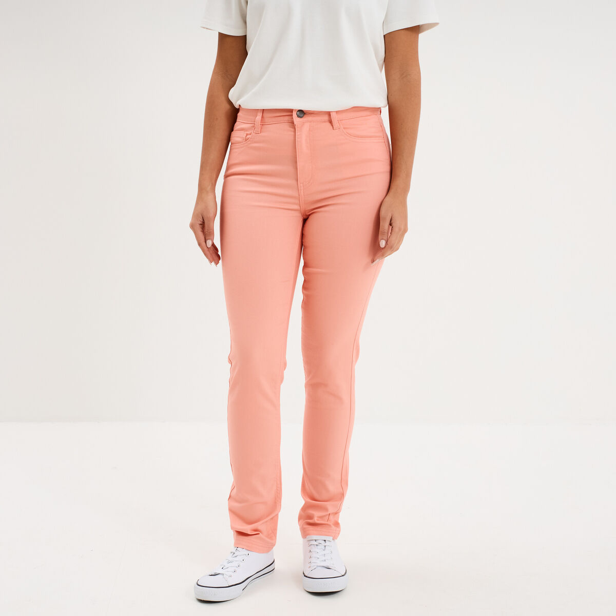 Pantalon slim stretch orange corail femme