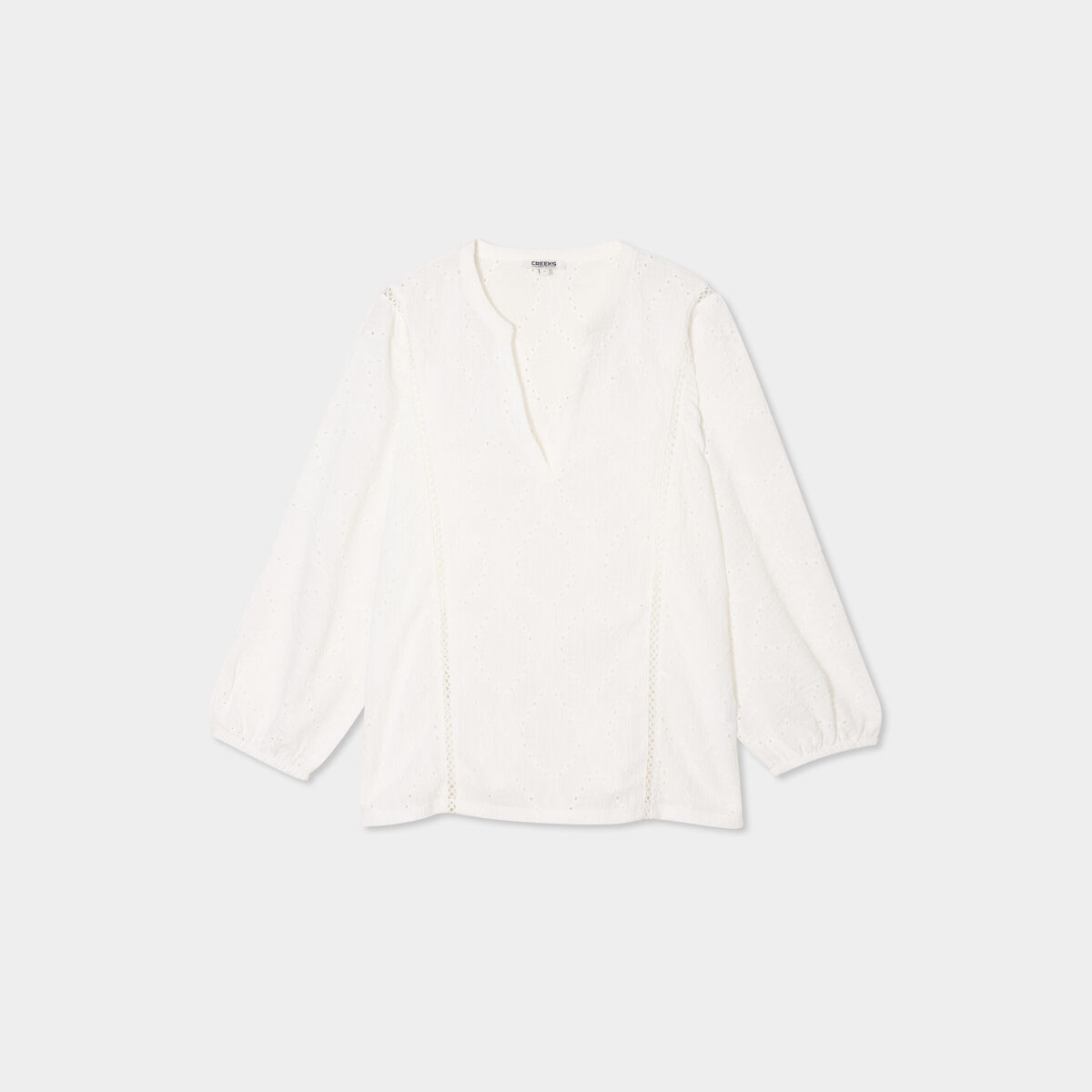 Blouse ajour&eacute;e manches 3/4 col en V blanc femme