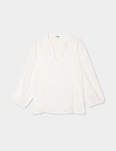 Blouse ajour&eacute;e manches 3/4 col en V blanc femme