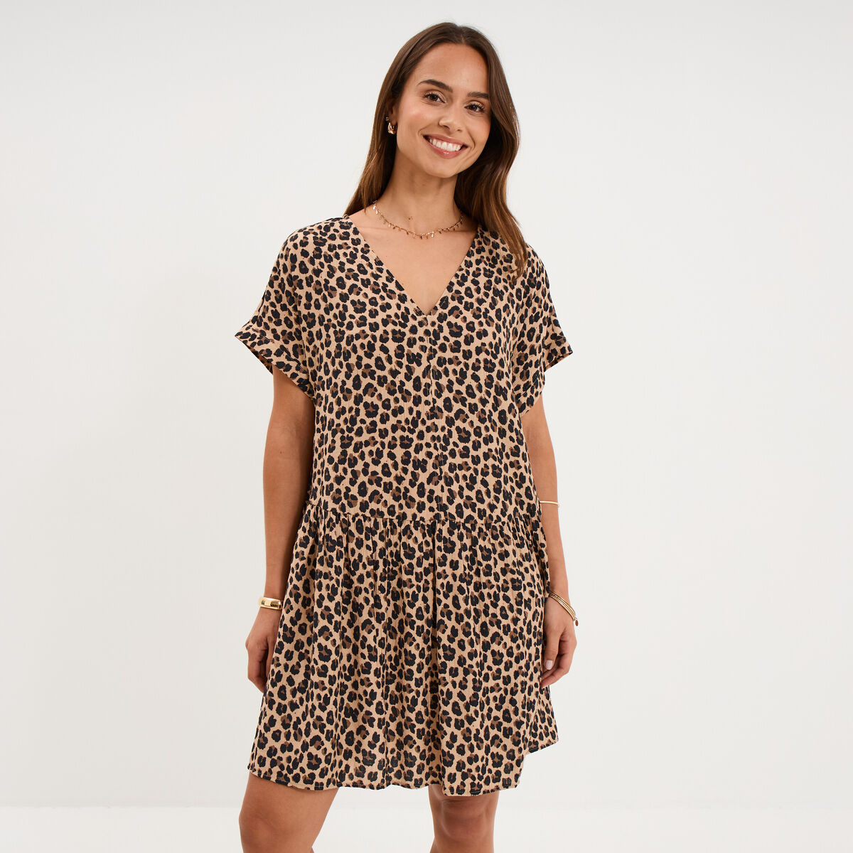 Robe courte fluide manches courtes beige clair femme