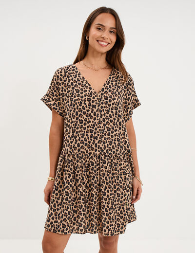 Robe courte fluide manches courtes beige clair femme