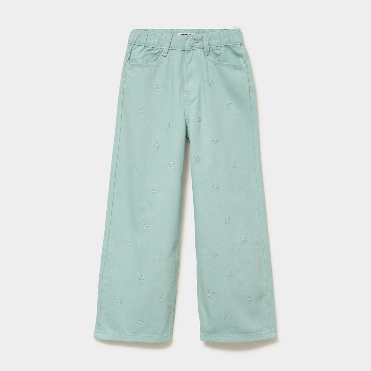 Pantalon large brod&eacute; taille ajustable bleu gris fille
