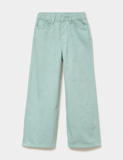 Pantalon large brod&eacute; taille ajustable bleu gris fille