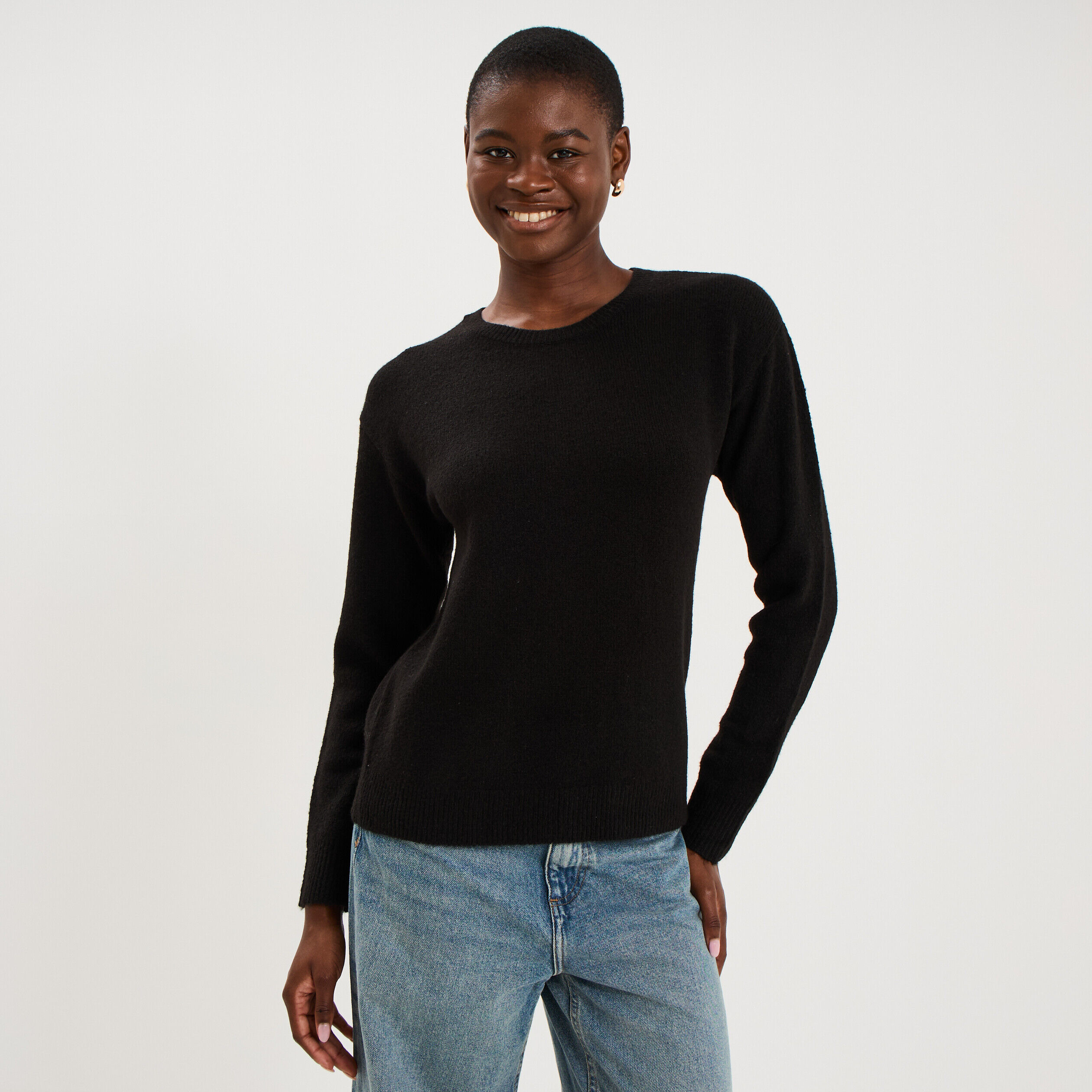 Pull col rond manches longues noir femme LH
