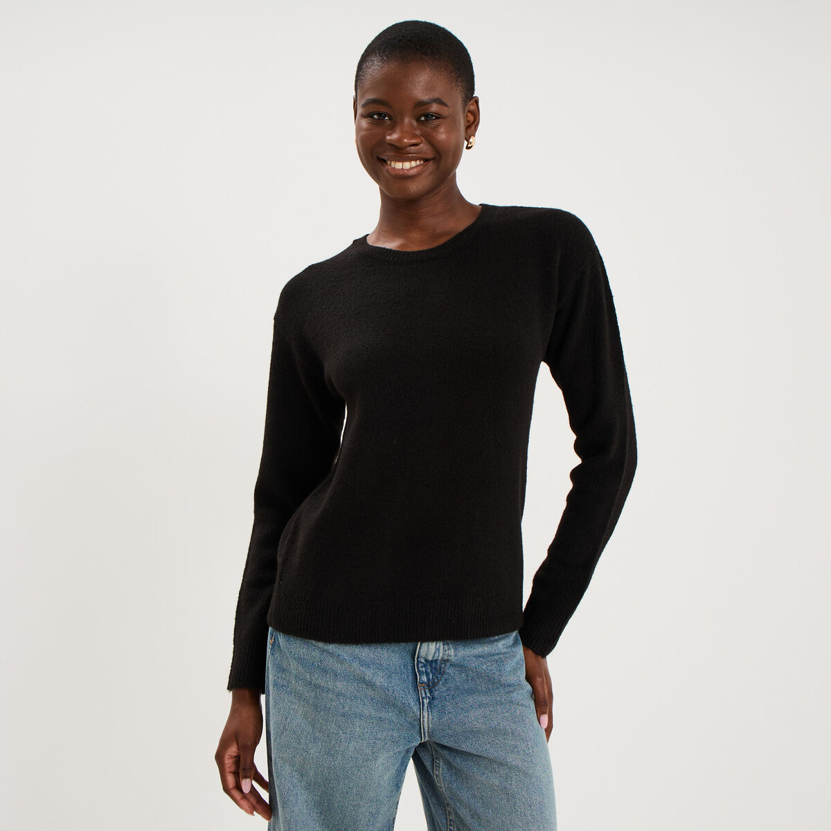 Pull col rond manches longues noir femme