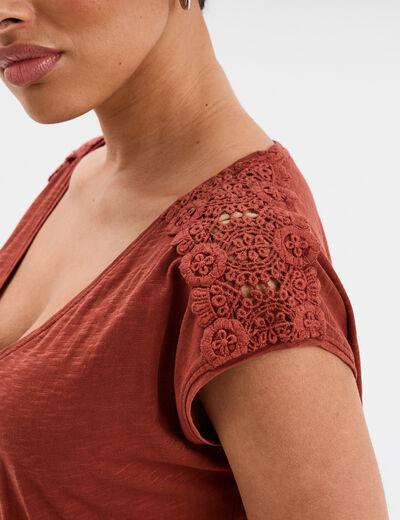 T-shirt épaules dentelle coton marron cognac femme