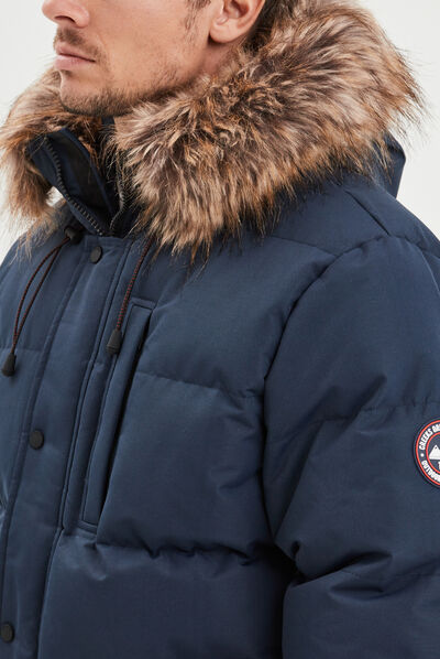Parka courte avec capuche fourrure bleu marine homme