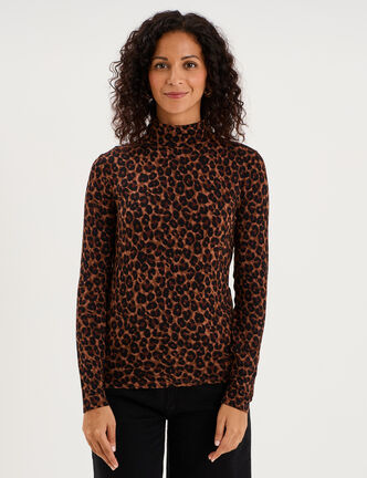T-shirt col roul&eacute; manches longues marron femme