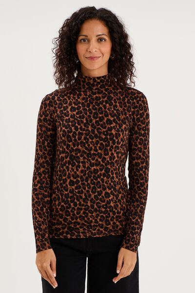 T-shirt col roul&eacute; manches longues marron femme