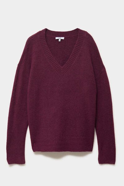 Pull col en V manches longues prune femme