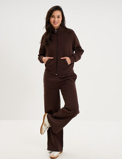 Sweat zipp&eacute; molleton col montant marron fonc&eacute; femme