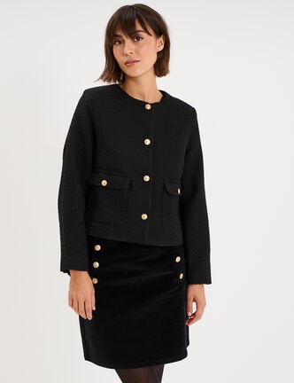 Veste droite boutonn&eacute;e tweed&eacute;&eacute; noir femme