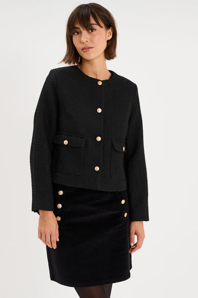 Veste droite boutonn&eacute;e tweed&eacute;&eacute; noir femme