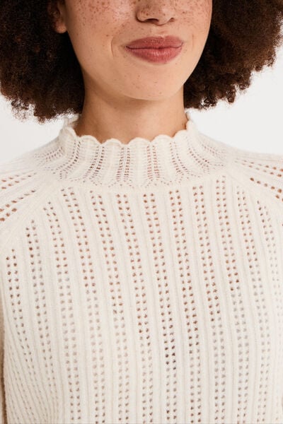 Pull col montant textur&eacute; manches longues blanc femme