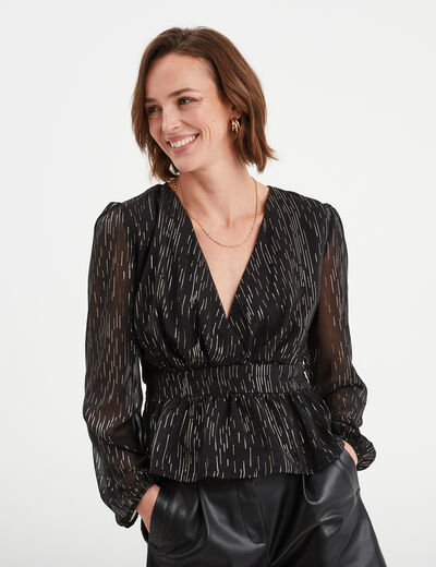 Blouse cintrée col cache-coeur noir femme