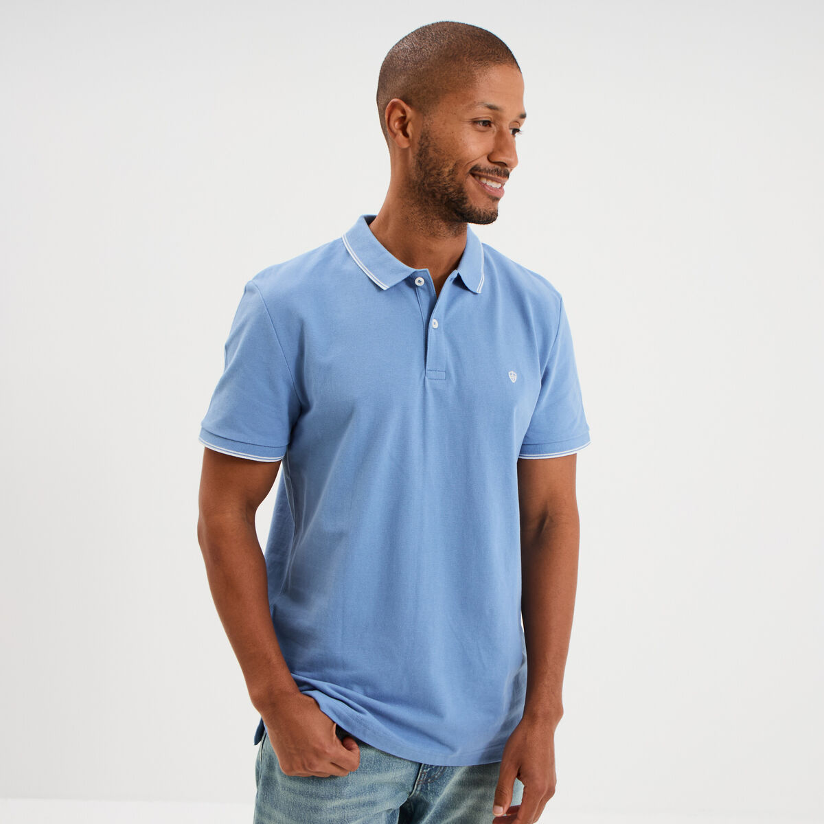 Polo piqu&eacute; coton manches courtes bleu homme
