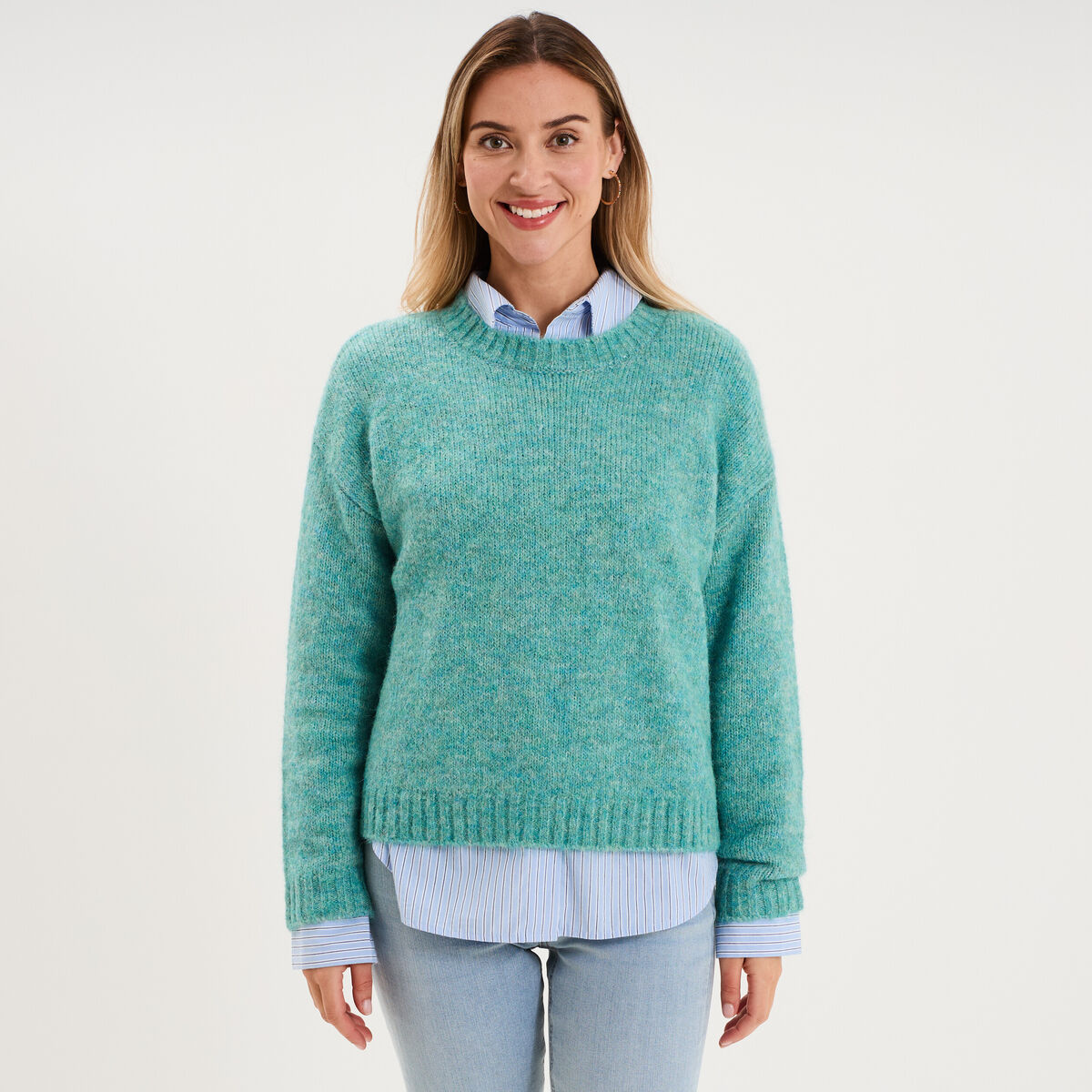 Pull col rond manches longues bleu canard femme